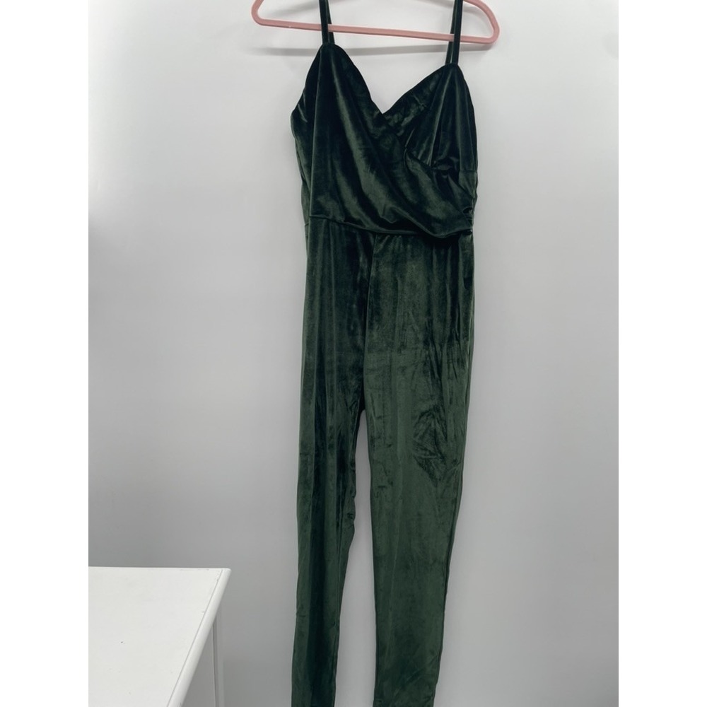 NWT Unique Vintage Budapest Jumpsuit Women's XL Deep Forest Green Velvet Strappy